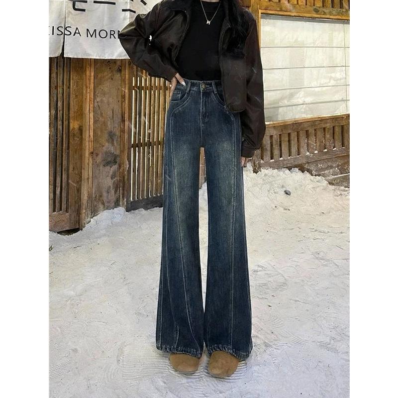 Non-stick leg flared jeans women's autumn and winter velvet, new high-waisted and thin fashionable loose wide-leg floor pants