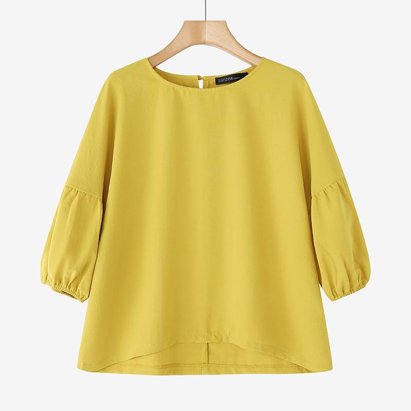 

ZANZEA Женская повседневная блузка с круглым вырезом, свободного кроя, с рукавами 3/4, однотонная S жёлтый