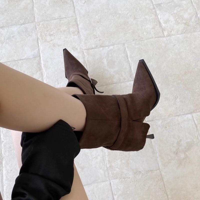 2025 New Women's Stiletto Booties Autumn New Pointed Toe Suede Buckle Non-Slip Wear-Resistant High Heels