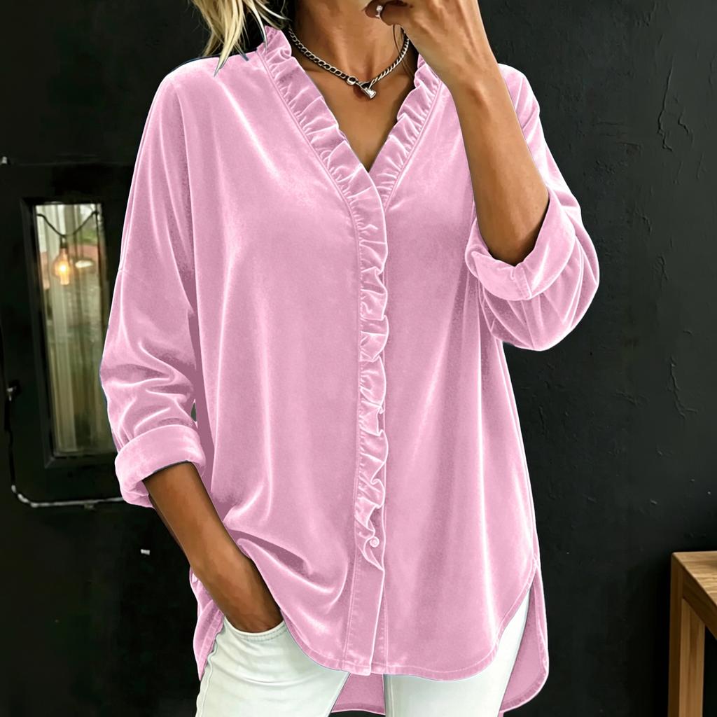 Women's Loose Fit V-Neck Blouse with Button Front and Ruffled Hem Long Sleeve Color Top for Casual Everyday Wear