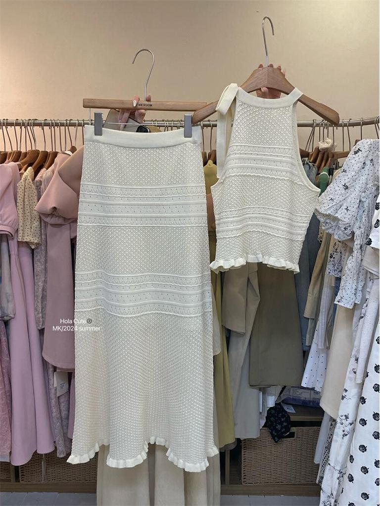 Summer French Fashion: Knitted Midi Skirt & Tie-Up Tank Top Ice Silk Two-Piece Dress