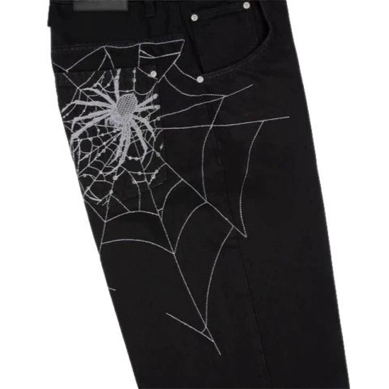 Unisex Streetwear Weite Gerade Geschnittene Jeans mit Spinnennetz-Stickerei Lockerer Sitz Mittlere Leibhöhe Baumwoll-Jeans