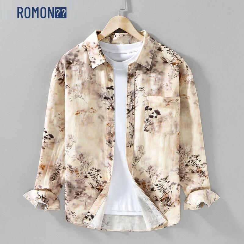 ROMON Men s Fresh Print Lyocell Linen Long Sleeve Shirt XL