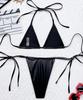 Women's Swimsuits Sexy Solid Color Leather Halter Neck Side Lace Bikini Split Set Beachwear Bathing Suits