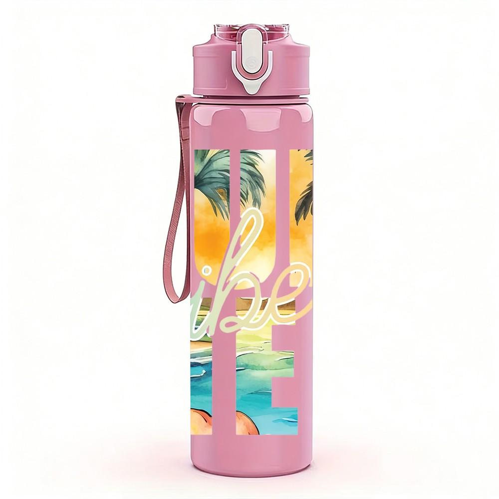 1PC Summer Bold Distressed Retro Slogan Lettering 750ml Color Plastic Sports Water Bottle Leakproof Flip Straw Lid Suitable for Sports Office Home Use