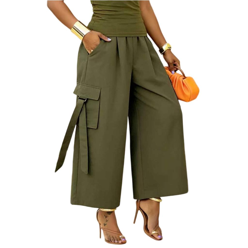 Wide Leg High Waist Pants for Women with Pocket and Belt Loose Fit Trousers Casual Straight Leg Design for Daily Wear