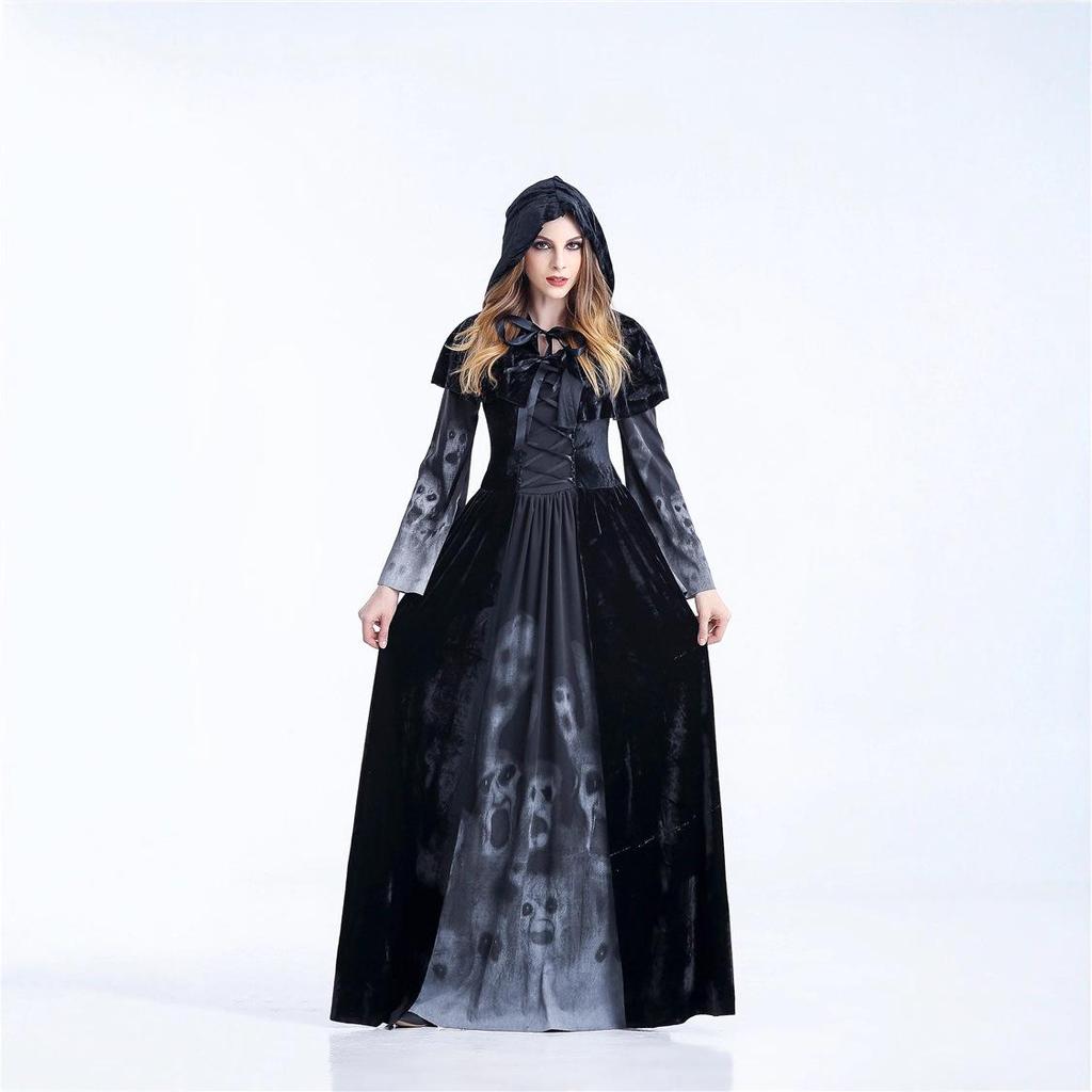 Halloween Grim Reaper Long Dress Costume for Women - Skeleton Vampire Role-Play