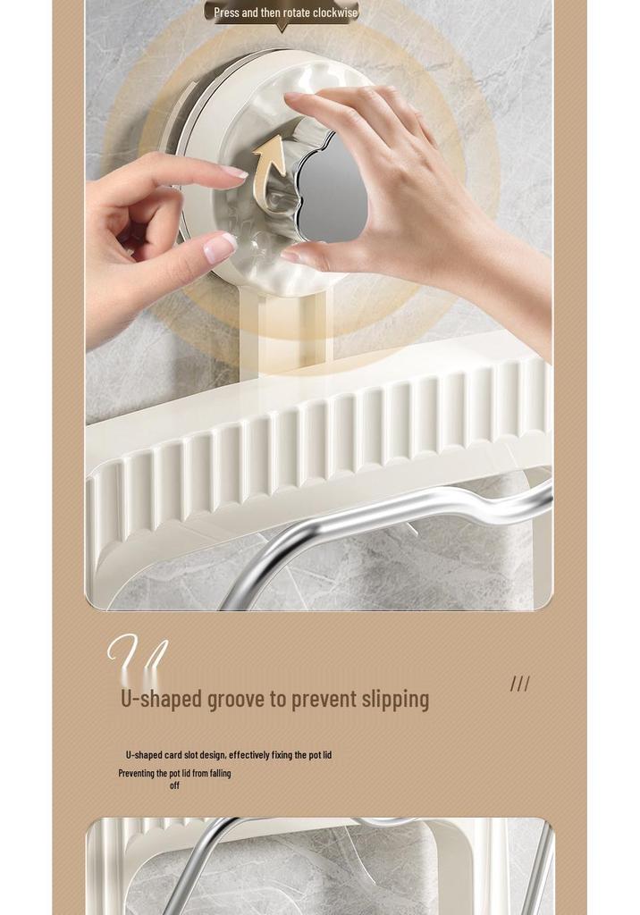 Warde Wall-Mounted Kitchen Storage: Suction Cup Pot Lid & Cutting Board Rack with Detachable Drip Tray.
