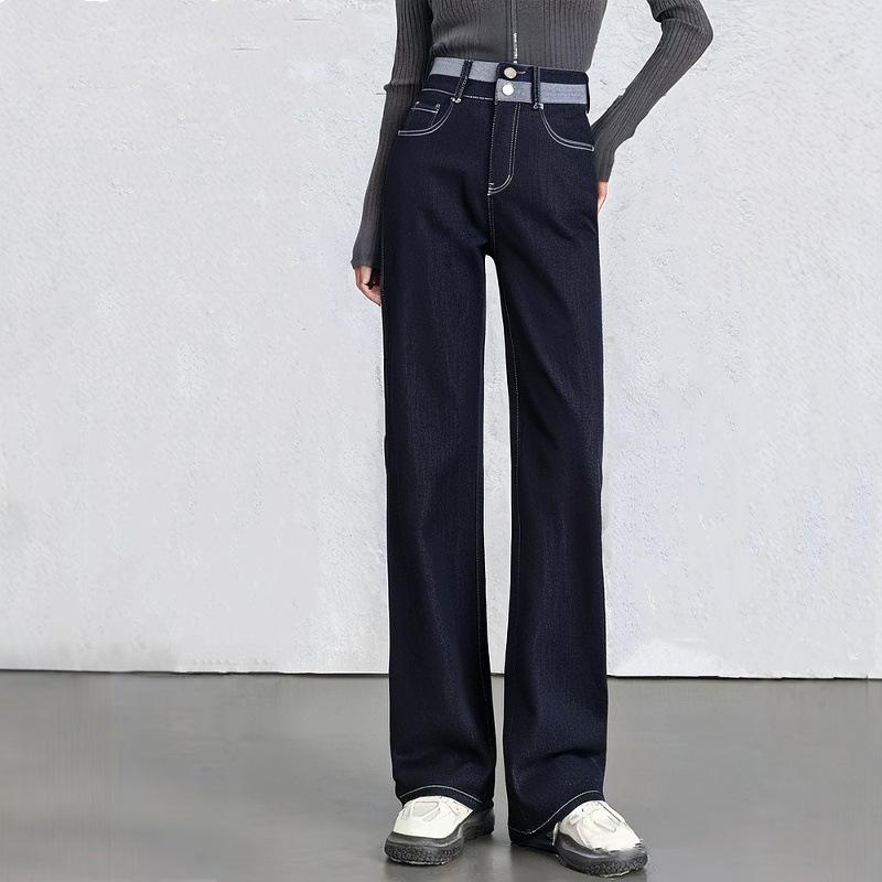 

Black Gold Blue Patchwork Buttoned Waistband Floor-Length Winter Flocked High Waist Slimming Women s Jeans 28 чёрный/золотой