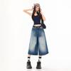 Trendy Spring Summer Pleated Vintage Loose Wide Leg Cropped Capri Denim Pants For Women Versatile Loose Straight Slimming Daily Denim Bottoms