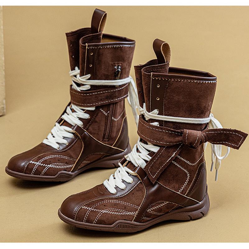 Fashion Spring Autumn Shoes Women Mid-Calf Boots Non-slip Retro Style Soft Comfortable High Top Ladies Height Increasing Shoes 5cm D528