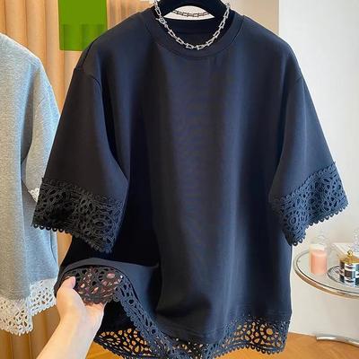 Women's Summer Loose-Fit Casual Lace-Panel Short-Sleeve T-Shirt with Relaxed-Fit Crew Neck Top