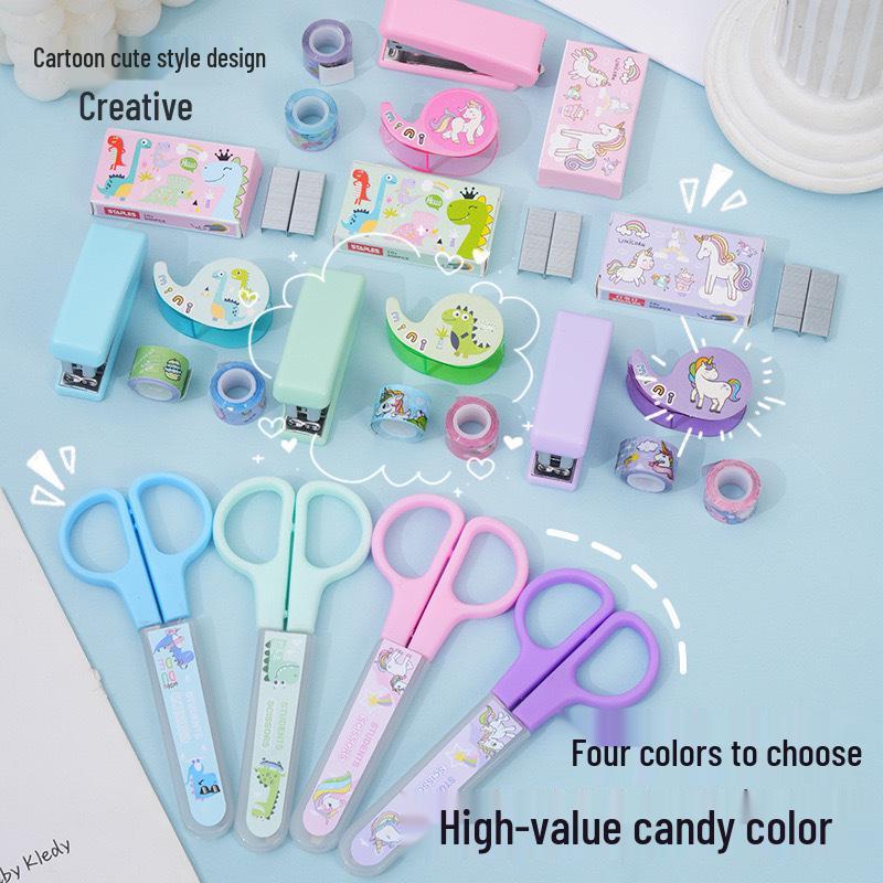 Adorable Student Stationery Set: High-Quality Scissors, Stapler, Tape & Stickers - Perfect Gift for Children's Learning