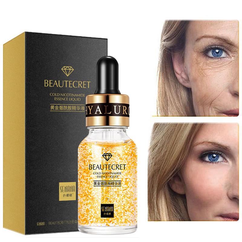 

24-каратная Золотая Эссенция Увлажняющее Увлажняющее Отбеливание Удаление веснушек Улучшает тонкие линии Осветляющая Ниацинамидная Эссенция