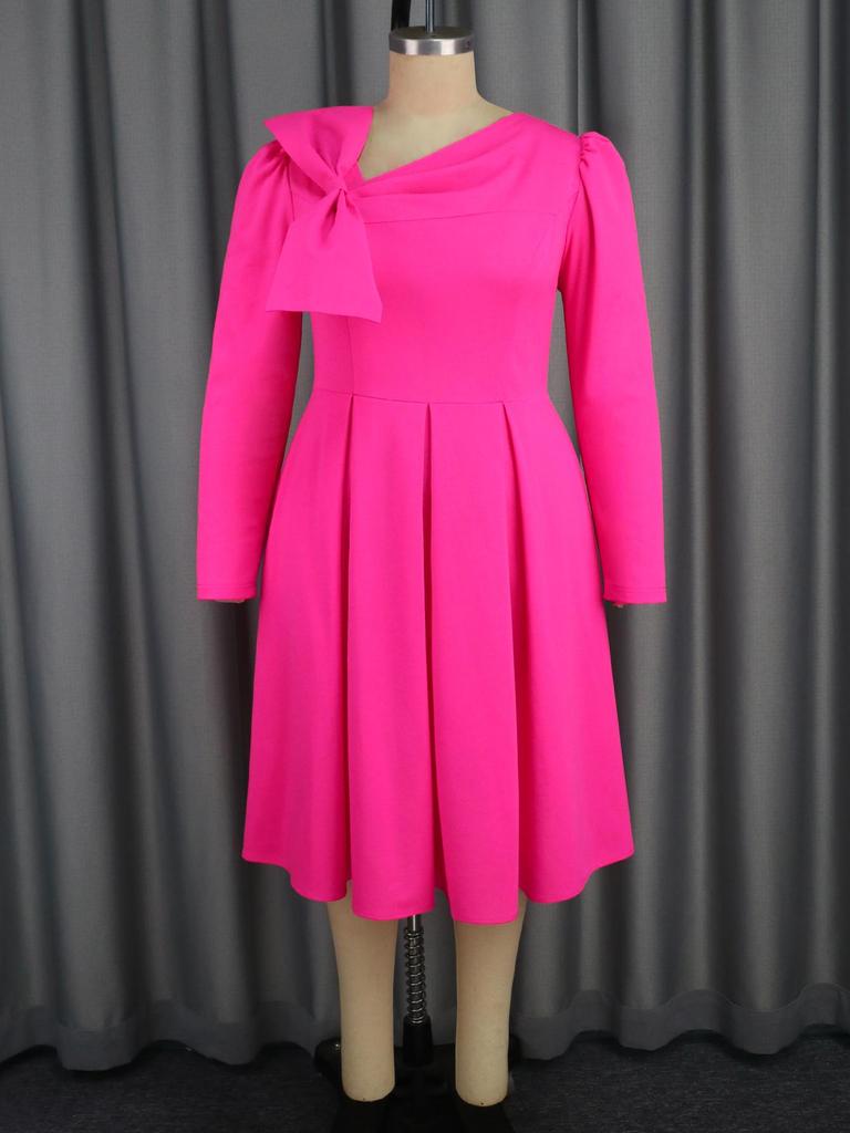 AOMEI Fuchsia Midi Dresses for Women Slant Neck Long Sleeve Lovely Bowtie Cocktail Wedding Gust Gowns