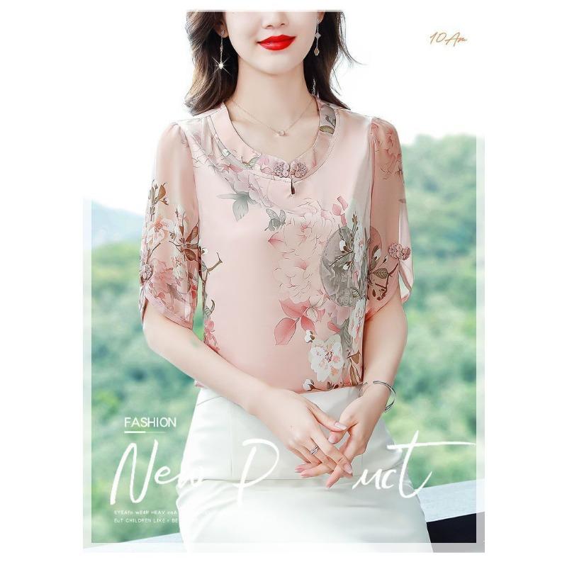 Dámská mátově zelená šifonová halenka s květinovým potiskem, poloviční rukáv, čínský styl, výstřih do V, ležérní top