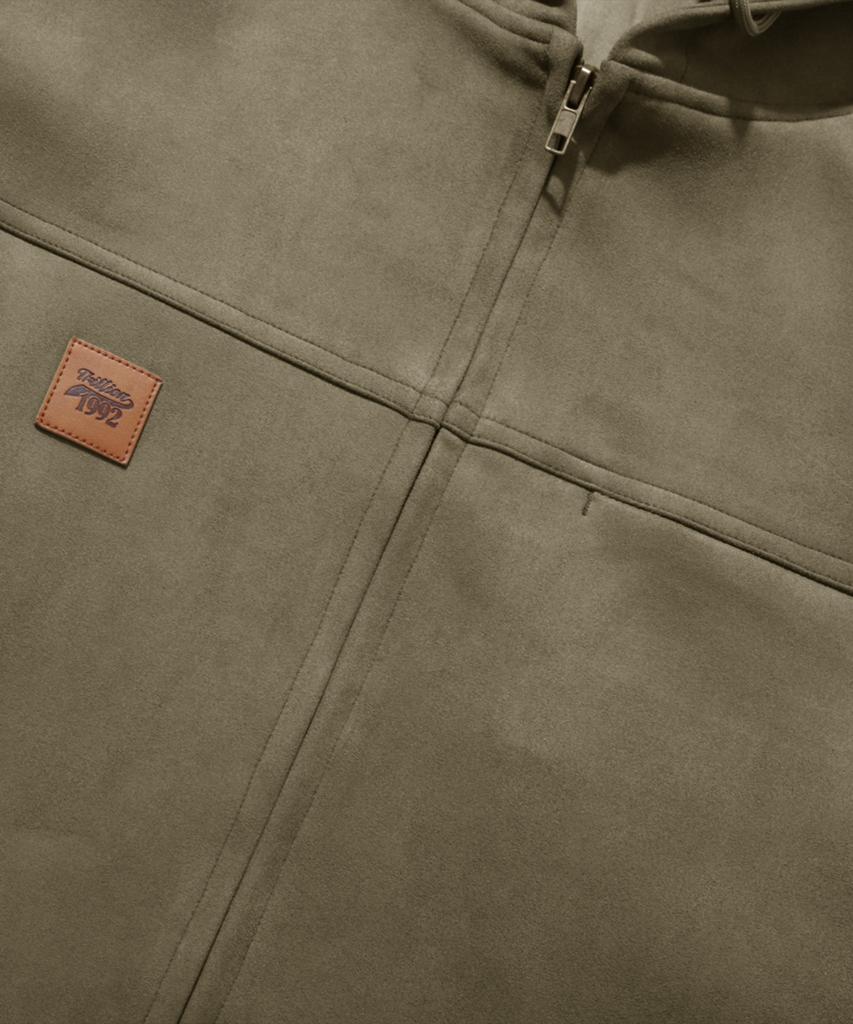 Trillion Leather Patch Suede Work Zip-Up Hoodie_Khaki
