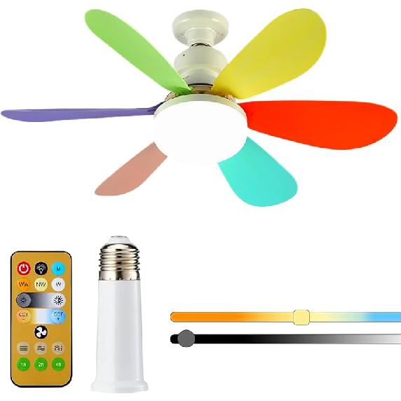 Socket Fan Light with Remote, Screw in Ceiling Fan LED Light Bulb 3 Colors Dimmable 3000K-6000K Quiet Fan for Indoor, Bedroom, Kitchen, Balcony, Home