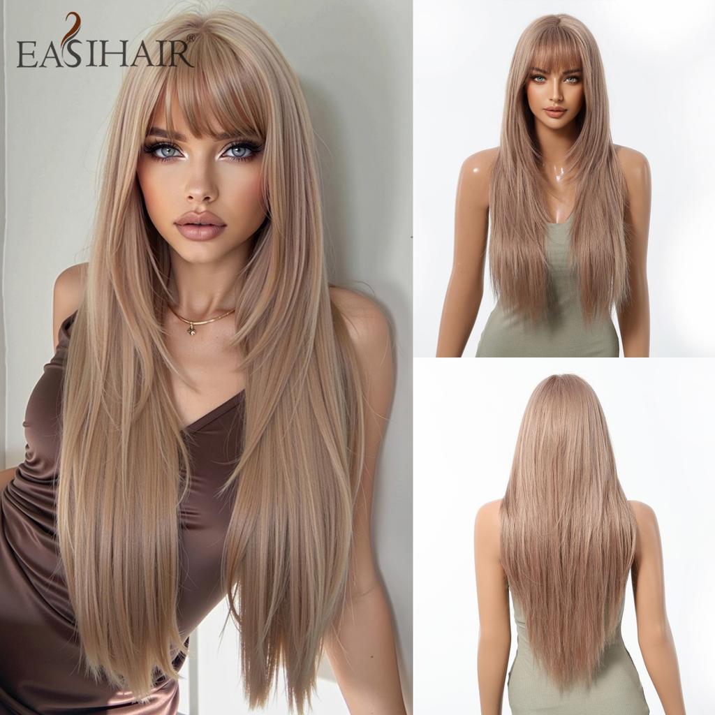 Synthetic Layered Wig Long Rose Gold Straight Wigs with Bangs Blonde Cosplay Party Natural Hair Wigs for Women Heat Resistant
