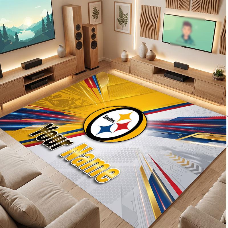 Pittsburgh Steelers Personalisiertes Kristall-Samt-Teppich, Benutzerdefinierter Name Text Weicher Anti-Rutsch-Teppich für Wohnzimmer Schlafzimmer