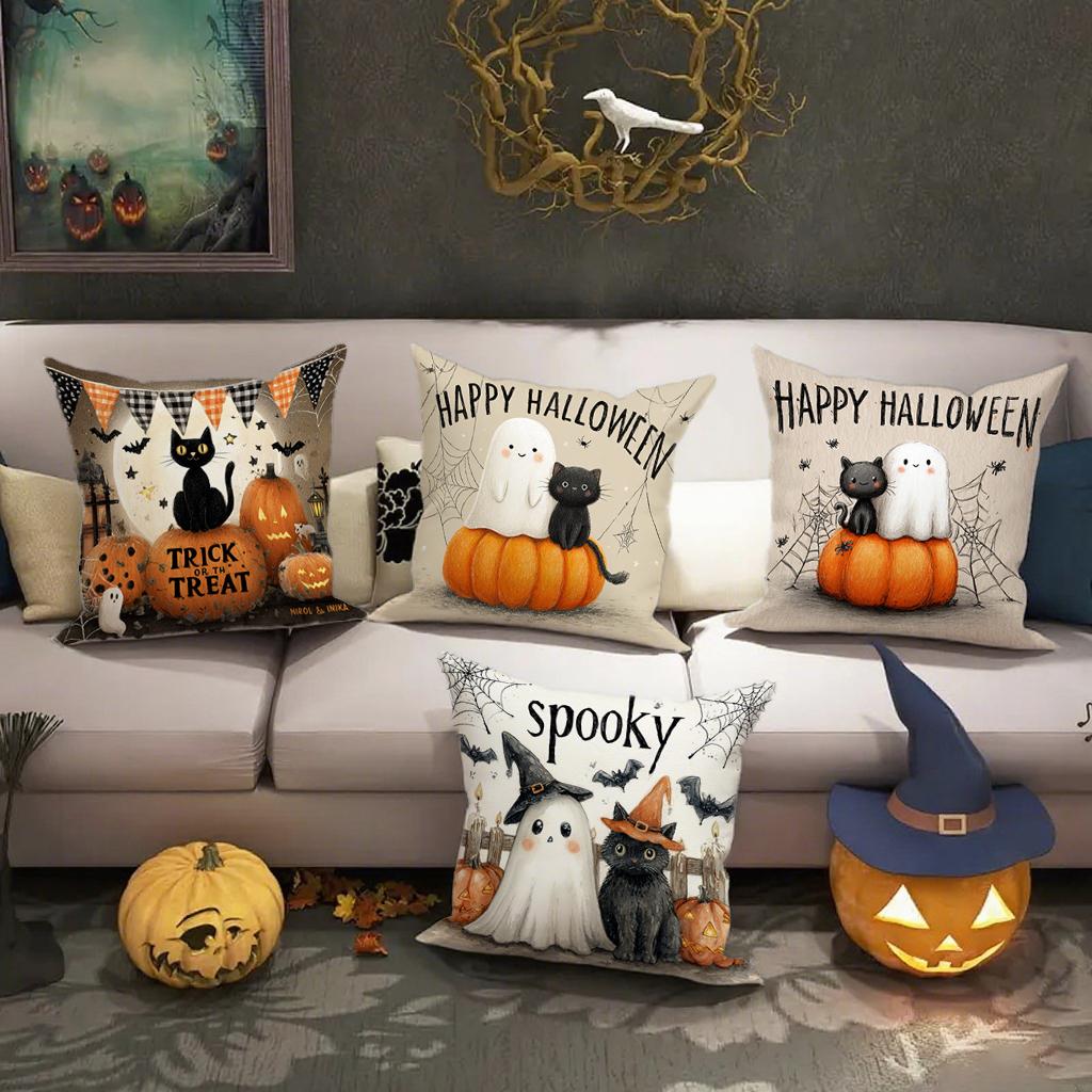 Halloween-Themed Cat & Ghost Pillowcasessuitable For Sofa Car Bedroom Decorative Cushion Cover Pillow Cover