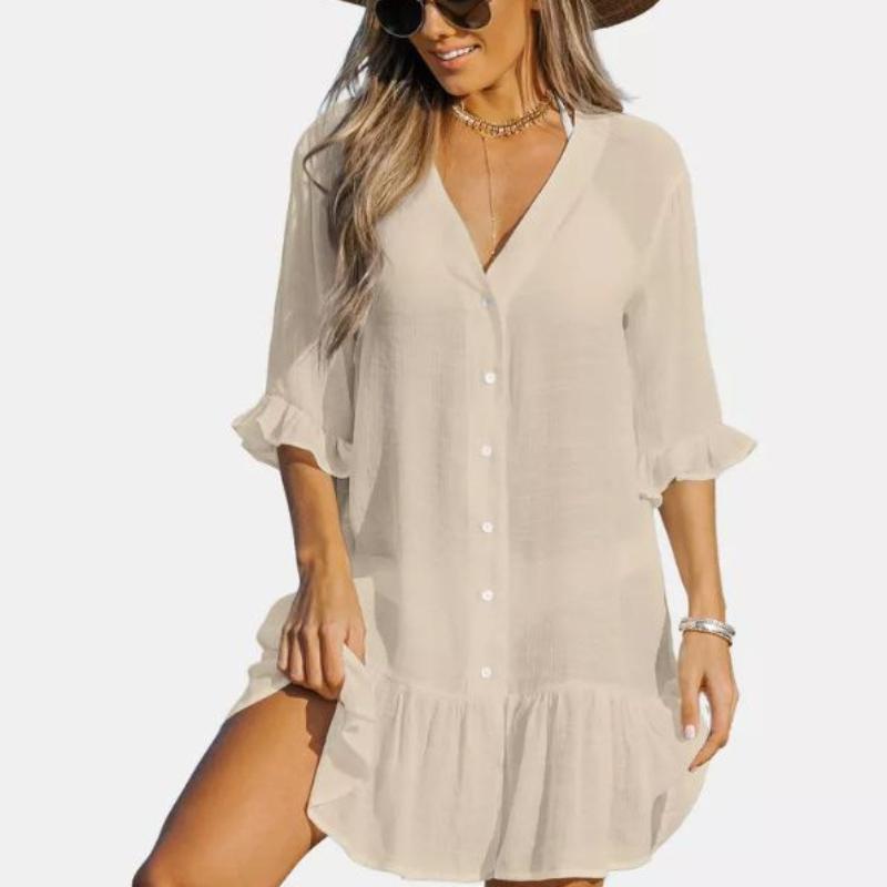 Rochie de damă, cu decolteu în V, mâneci 3/4, cu nasturi, plisate, de culoare uni, largi