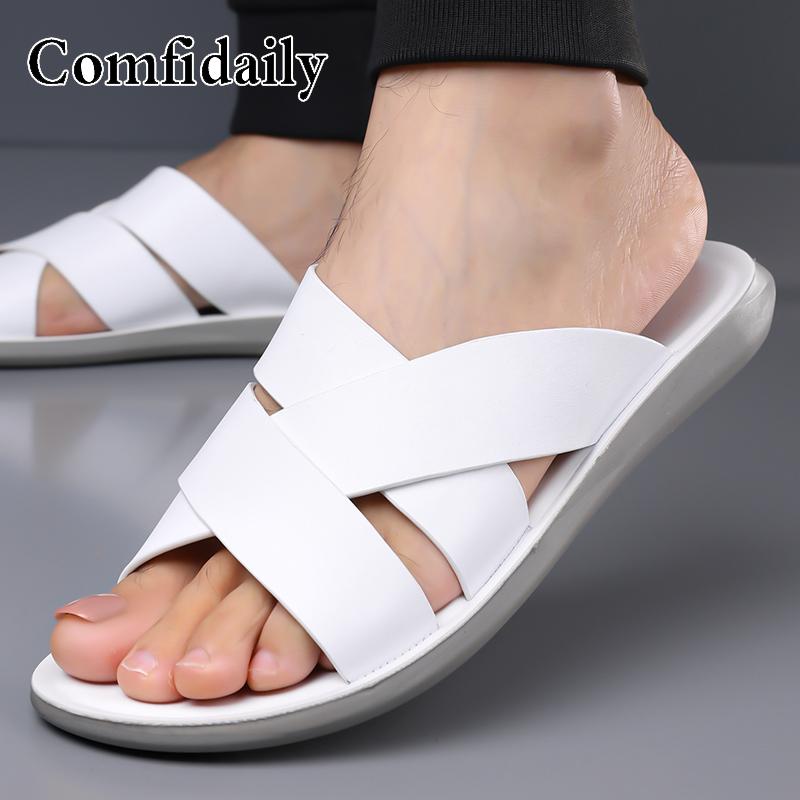 

Men Black Leather Slippers Flats Summer Brown Outdoor Sandals Outdoor White Beach Shoes Over Sized 46 47 48 EU:48 білий