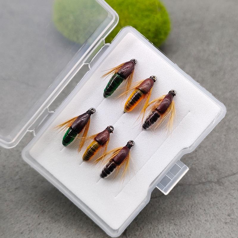 6pcs/Box 8# 10# 12# 14# Caddis Nymph Fly Fishing Lures Hand-Tied Larvae Wet Flies Ice Silk Fiber Trout Chub Fly Fishing Baits