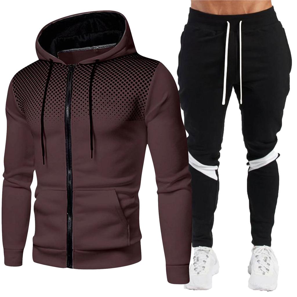Fashion Men's Jacket Two Piece Zipper Hoodie+Pants Winter Warm Sports Wear Running Sports Wear