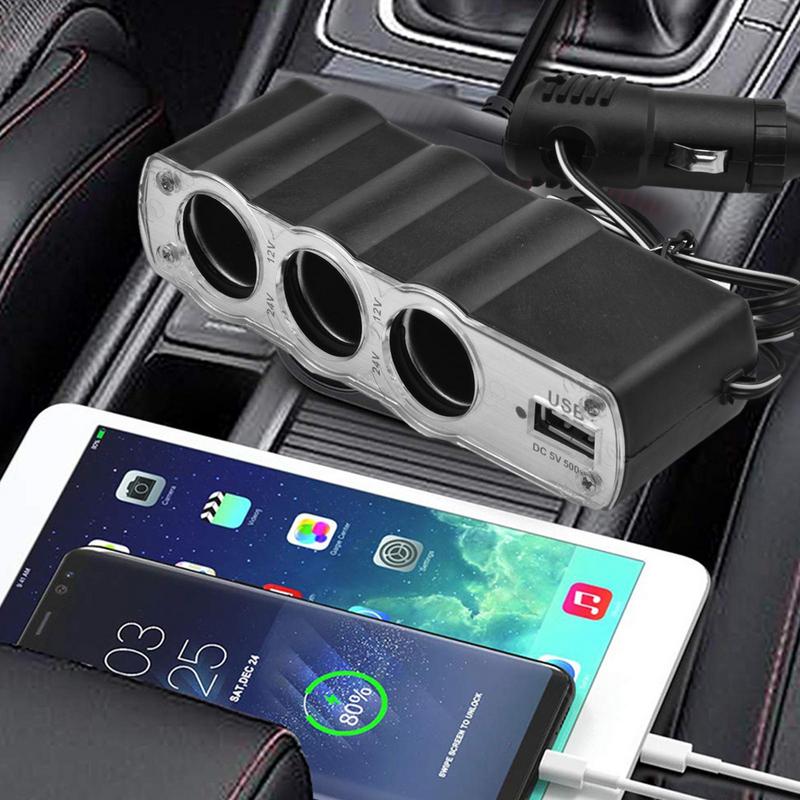 Car Charger Extender 3 Way Triple Car Cigarette Lighter Splitter Car Power DC Outlet Adapter USB Charging Ports Adapter Splitter