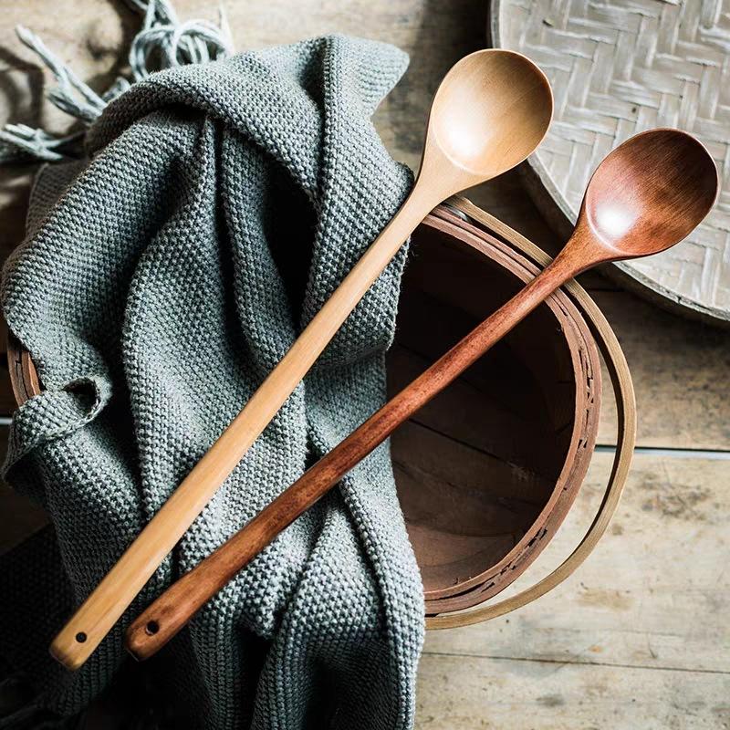 Korean Long Wooden Spoons Natural Coffee Stirring Rod Tea Dessert Spoon Handle Round for Soup Tableware Kitchen Supplies