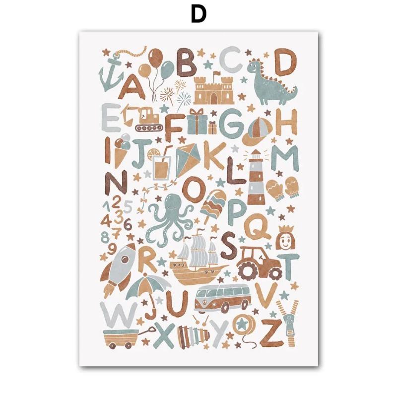 Sun Rainbow Dinosaur Octopus Education Alphabet Wall Art Canvas Painting Poster Print Nursery Wall Pictures Kids Room Decoration