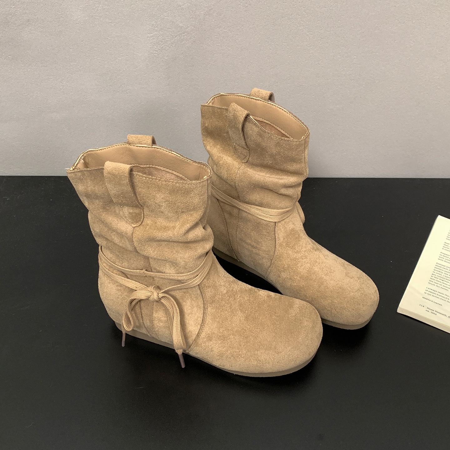 

Ботинки женские короткие плоские универсальные в стиле ретро Queen Fan, новые осенние 2025 года, западные ботинки на меху для ношения с юбкой 40 абрикосовый