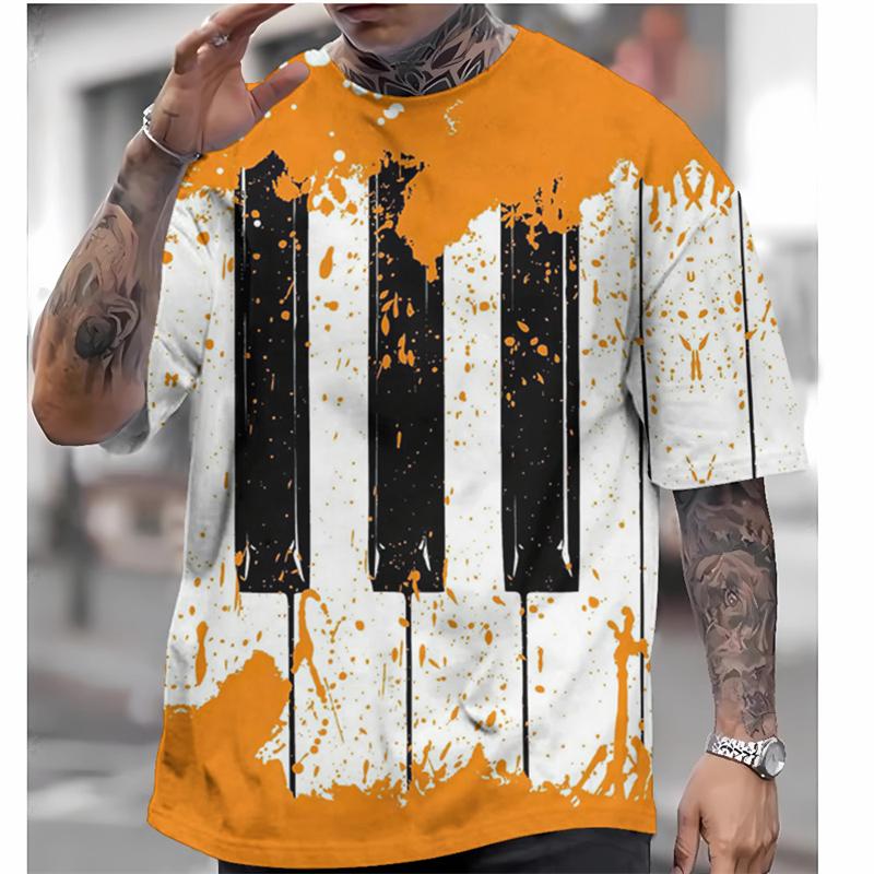 

Fashionable piano key pattern T-shirt, summer popular short sleeved round neck 3D note printed T-shirt, simple casual loose T-shirt XS