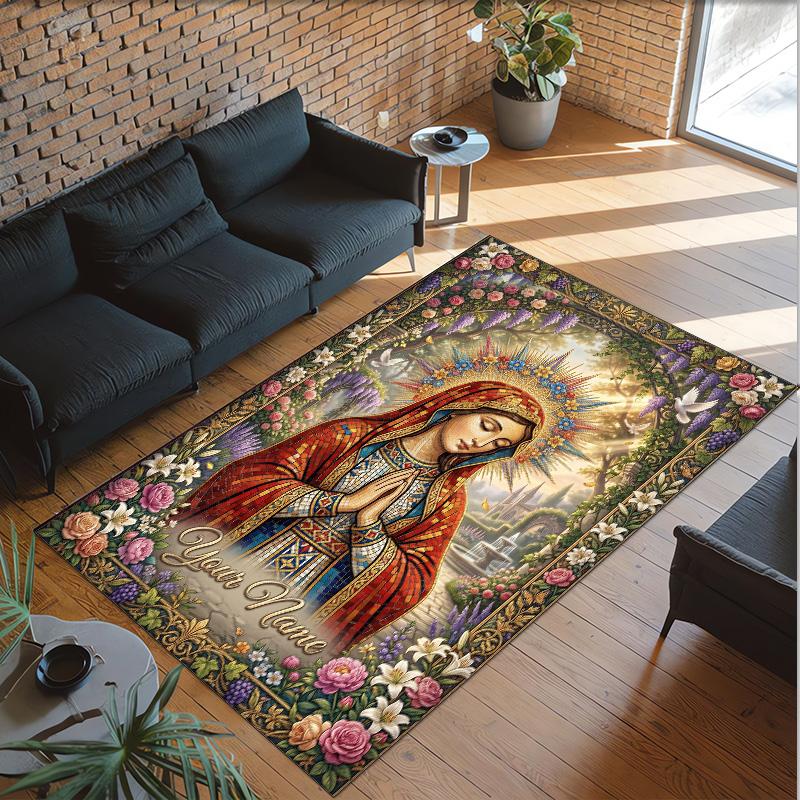Virgin Mary Theme Crystal Velvet Rug Personalized Custom Name Text Soft Floor Mat Home Decor
