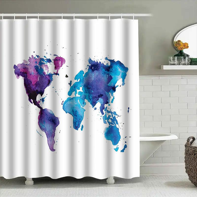World Map Shower Curtain Abstract Blue Ocean Pattern Waterproof Bathroom Decor Vintage Travel Theme Washable Fabric