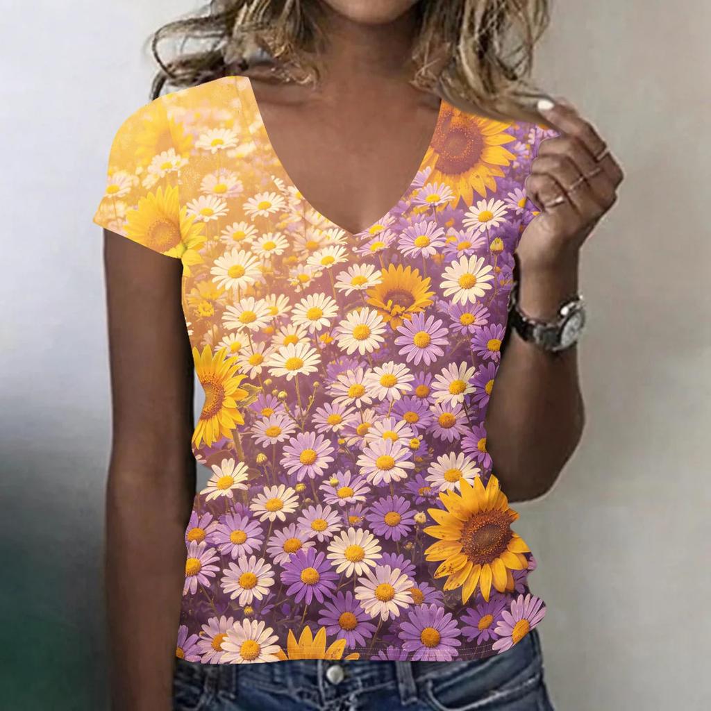Women's Casual V Neck Short Sleeve Floral Print T Shirt Top Lightweight Breathable Summer Tee Shirt for Daily Wear