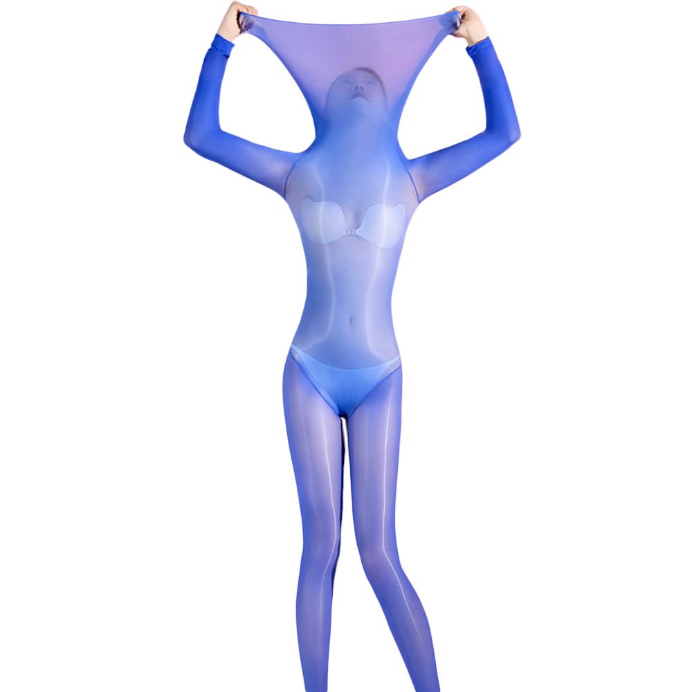 Sexy Women Cosplay Maid Tights 5D Oil Glossy Elastic Bodysuit Sheer See Through One-Piece Thong Nine Sleeve High Neck Leotard