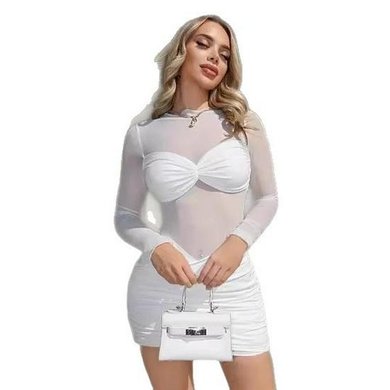 Europäisches Weißes Netz-Bodycon-Kleid mit langen Ärmeln und Raffungen