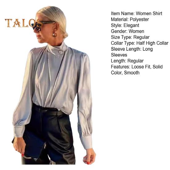 Satin Women Shirt Half High Collar Lantern Long Sleeve Solid Color Pullover Tops Casual Commuting Blouse