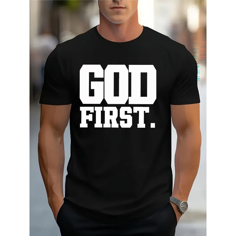 

European sizes Men S GOD FIRST Graphic T-Shirt - Bold White Lettering on Black, Casual Round Neck Summer Tee 4XL чорний
