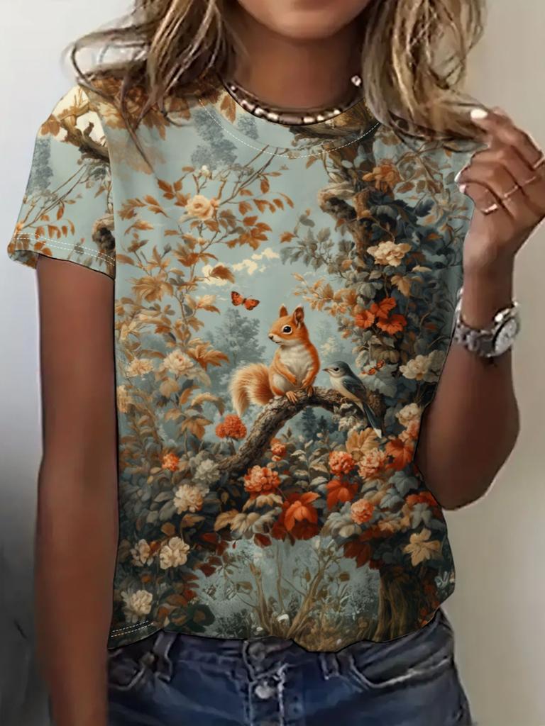 Summer Fox Squirrel T-Shirts Animal 3D Print Fashion Women Round Neck Short Sleeve T Shirt Tees Harajuku Y2K Top Female Clothing