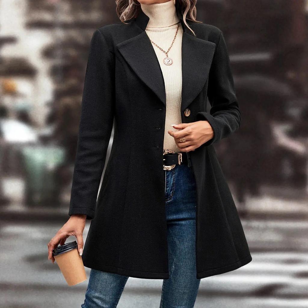 2025 New Women's Winter Lapel Slim Woolen Solid Color Fashion Coat for Europe and America
