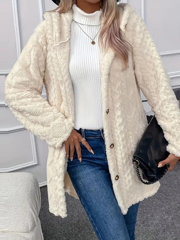 2024 Jeseň/Zima Európsky & Americký Jednofarebný Kardigán s Kapucňou a Zapínaním na Gombíky s Dlhými Rukávmi