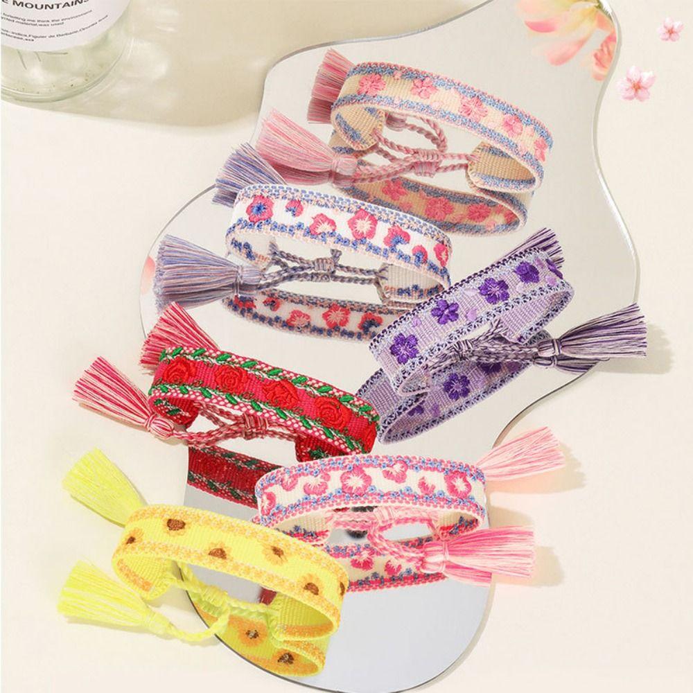 Embroidered Colorful Flower Bracelets Adjustable Rope Boho Weave Bracelet  Women Girls