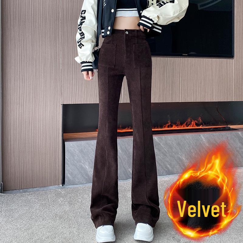 2024 Autumn/Winter High-Waist Corduroy Flared Pants: Plus Velvet, Thickened, Slimming, Casual Korean Style
