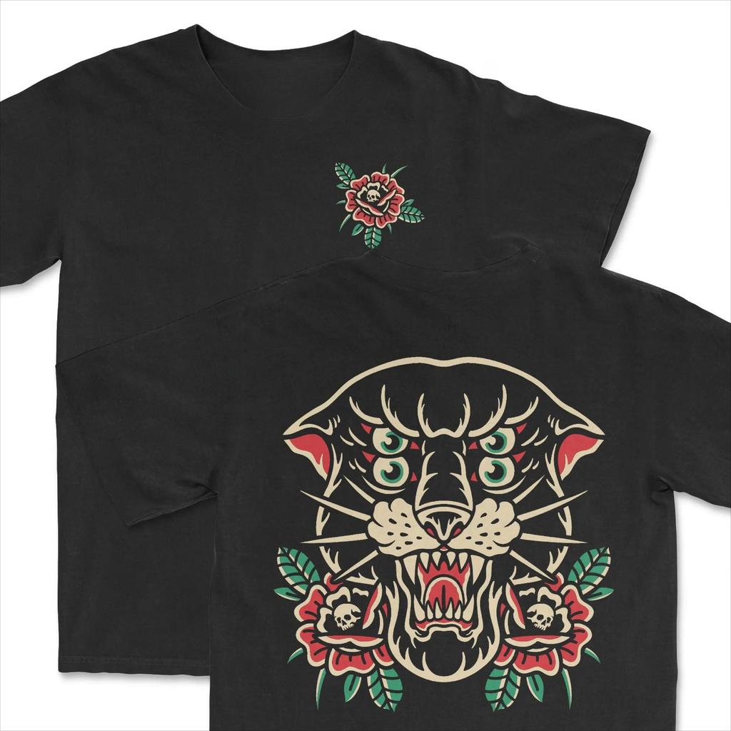 2026 Summer Old School Panther Rose Tattoo Double Sided Graphic Black Tshirt Unisex Oversized Y2k Streetwear Cotton Tee