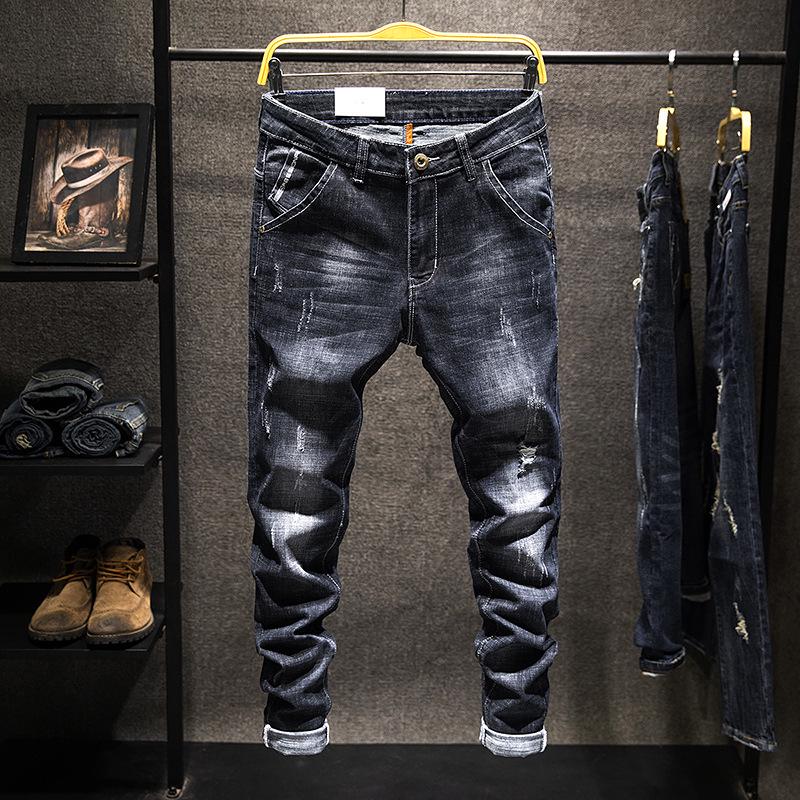 Four Season Wearable Men'S Embroidered Jeans With Slim Fit And Stretchy Trend, Small Leg Pants With Ripped Patches, Personalized Long Pants