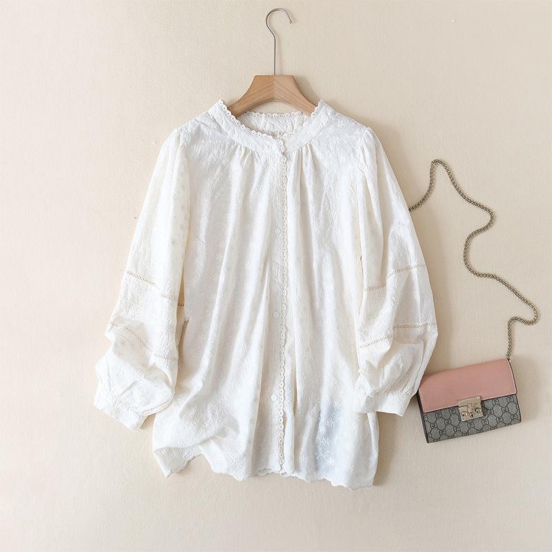 Women s Cotton Linen Retro Lace Trim Shirt, Loose Artistic Top, 2026 Style. M