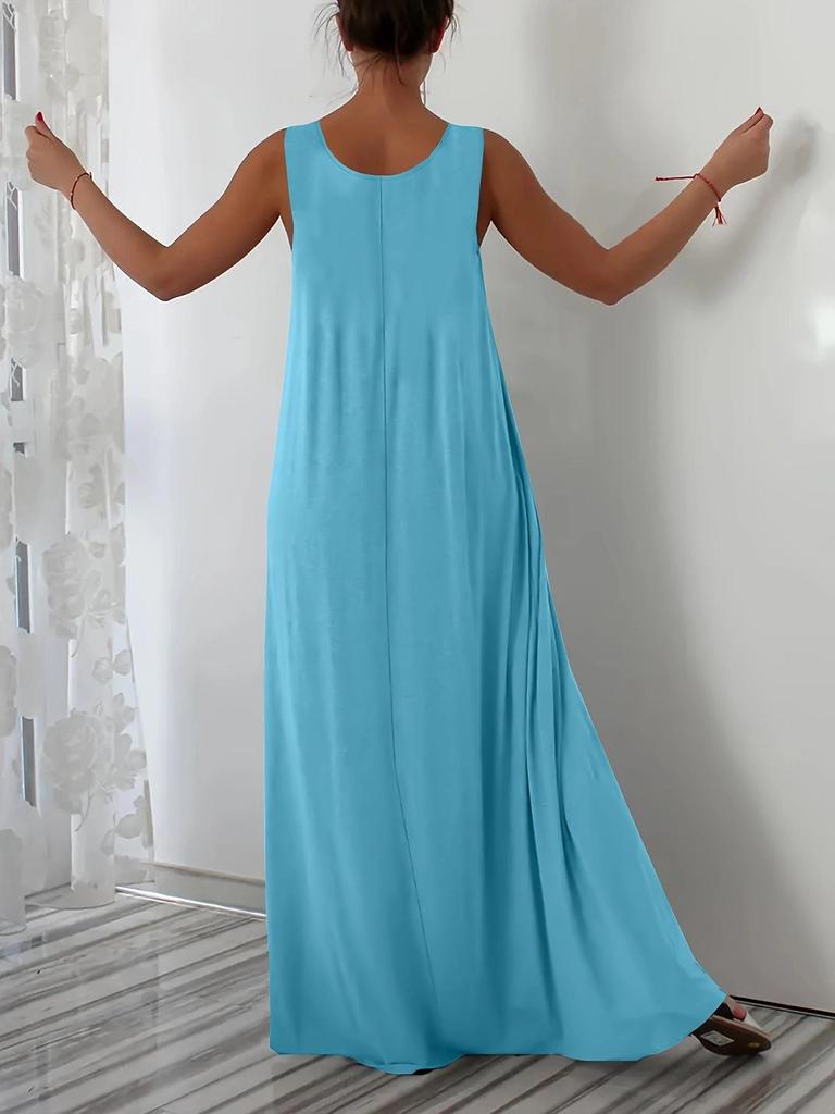 Plus Size Summer Solid Color Dress with Side Pockets (European and American Style)
